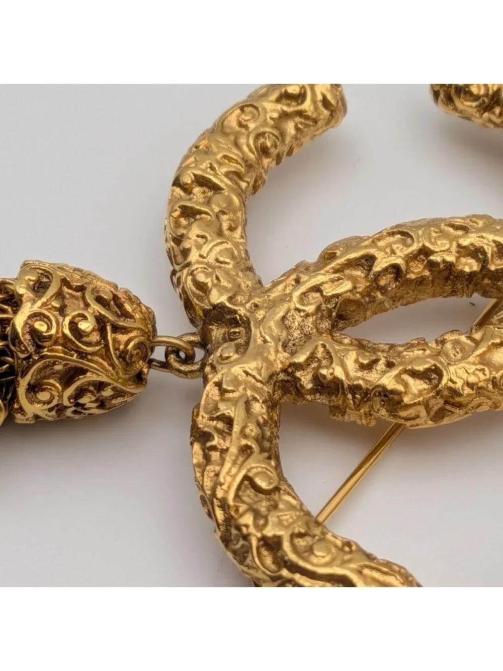 Chanel Brooch CC Logo Lava Gold Fringe Vintage